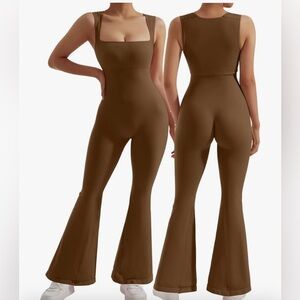 Brown Ribbed Flare Jumpsuit